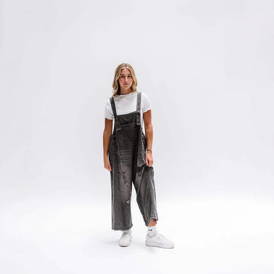 Damen nan lässige verwaschene Latzhose aus Jeansstoff mit Rissen und weitem Bein EB