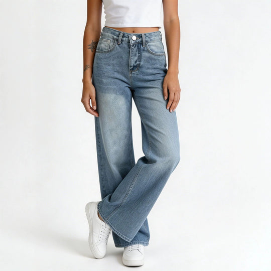 Damen nan hochgeschnittene Palazzo-Jeans mit extra weitem Bein und taillierendem Schnitt EB