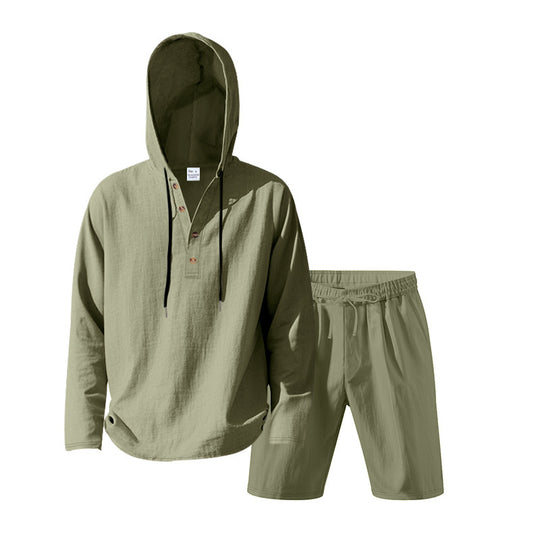 Herren nan Kapuzen-Henley-Loungewear-Set mit Leinenoptik, Kordelzug und elastischer Tunnelzugshorts EB