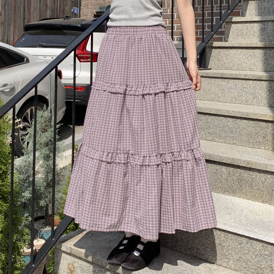 Damen Maxi-Rock mit Volant und Karomuster EB