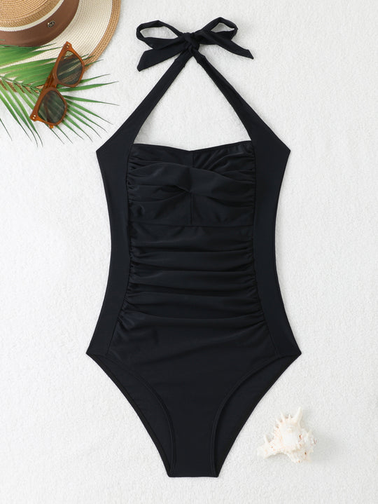 Damen Einteiler Badeanzug mit elegantem Rüschendesign und modischem Halter-Träger EB