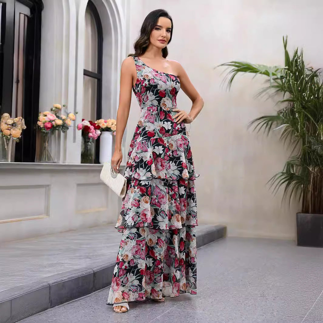 Damen Elegantes One-Shoulder Maxikleid mit floralem Muster und hohem Schlitz EB