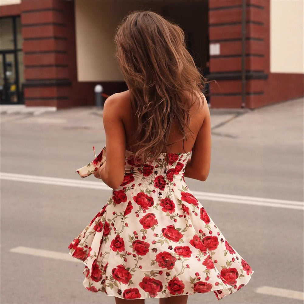Damen romantisches Sommerkleid mit floralem Design und Choker EB