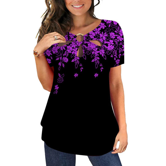Damen elegantes Oberteil mit floralem Cut-Out-Design und glänzendem Ringeinsatz EB