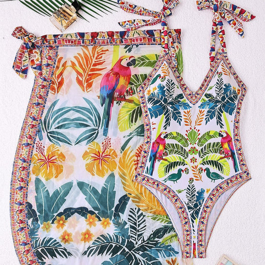 Damen Schwimmkleid mit floralem Design und Überwurf EB