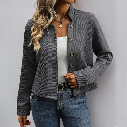 Damen Strukturierte Kurzjacke mit Stehkragen und Knopfleiste EB