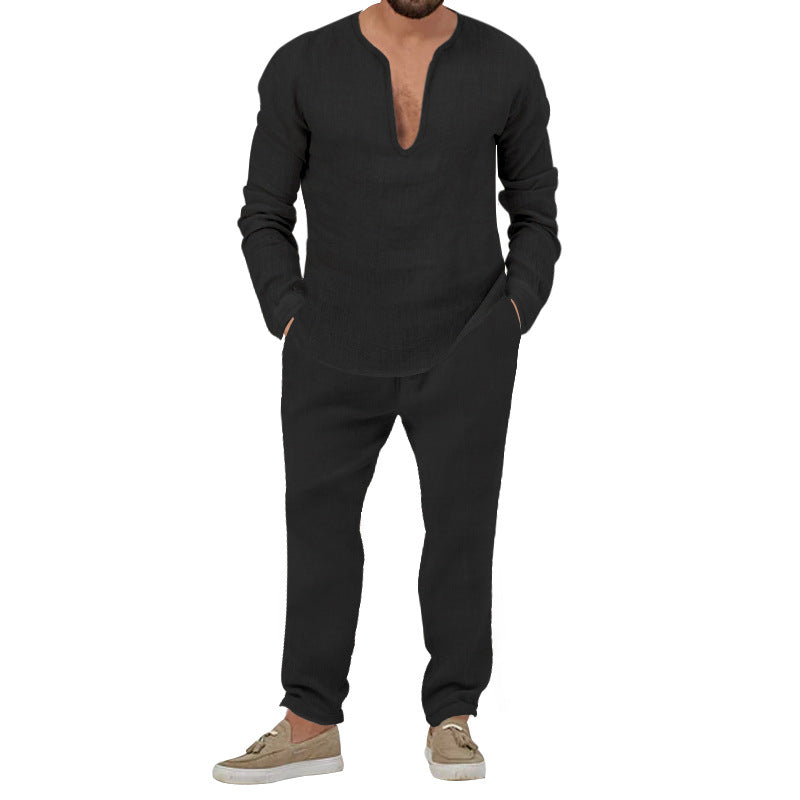 Herren lässiges Leinen-Outfit mit tiefem V-Ausschnitt und elastischem Bund EB