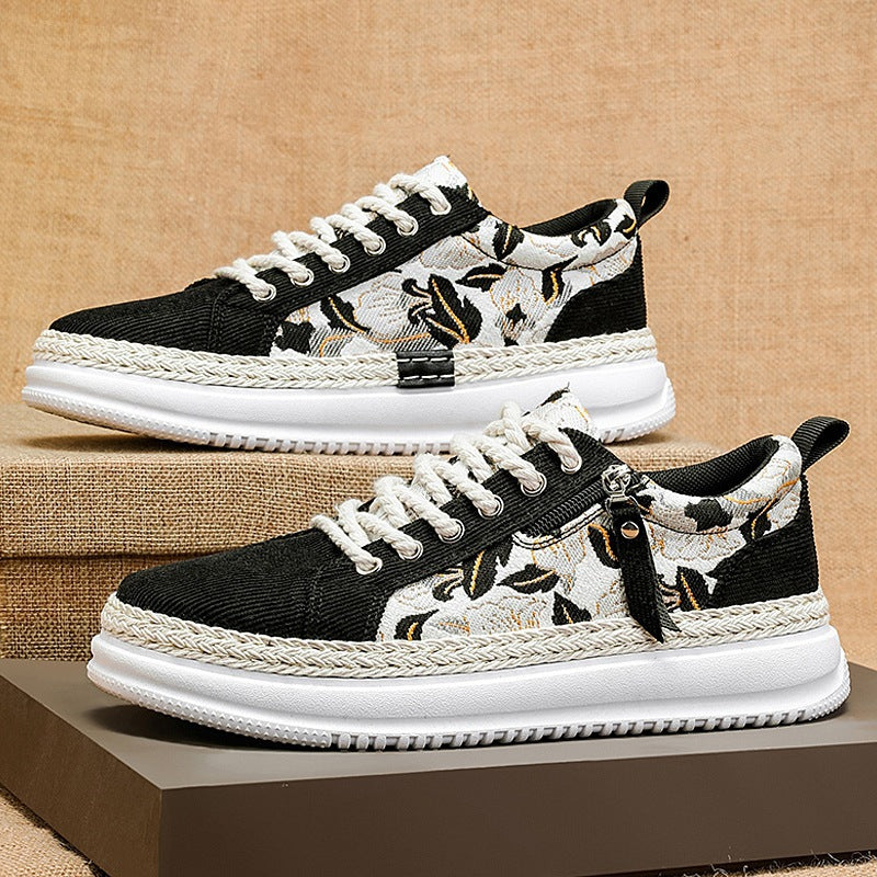 Damen gestickte Espadrille-Plateau-Sneaker mit floralem Jacquard, geflochtener Kordelsohle und gepolstertem Innenfutter EB