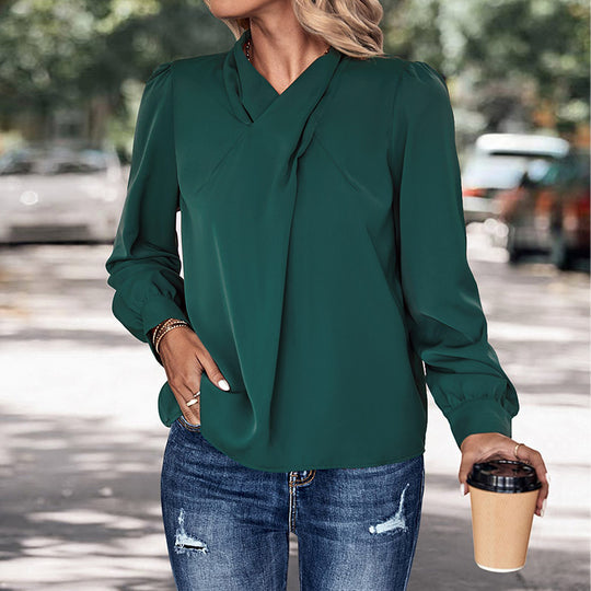 Damen elegantes Blusenshirt mit voluminösen Ärmeln und feinem Stehkragen EB