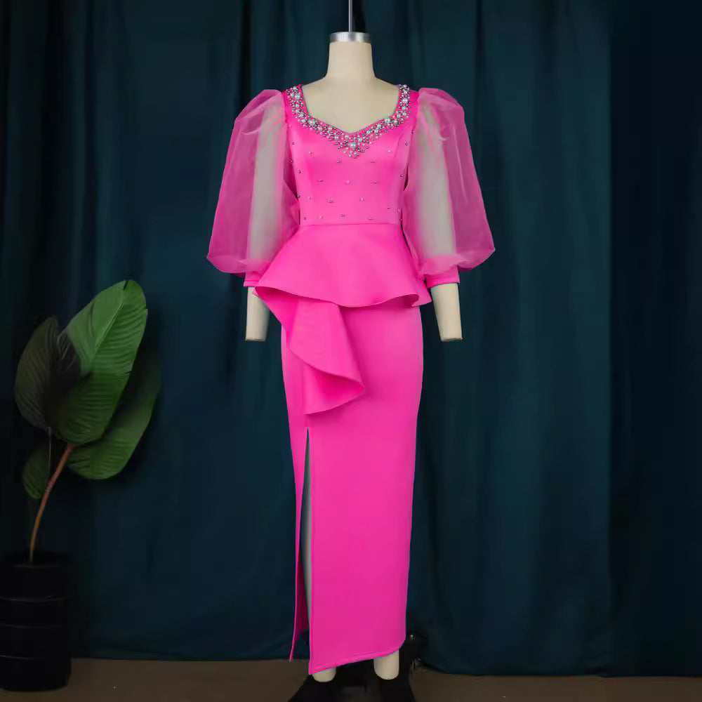 Damen Elegantes Abendkleid mit funkelnden Perlen und voluminösen Tüllärmeln EB