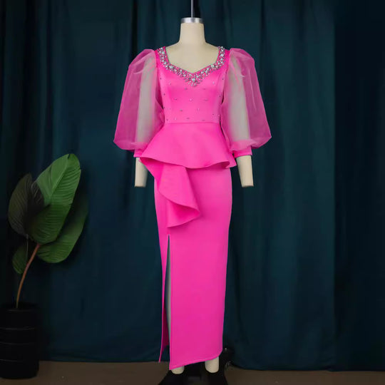 Damen Elegantes Abendkleid mit funkelnden Perlen und voluminösen Tüllärmeln EB