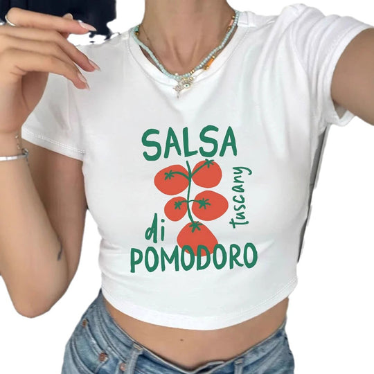 Damen Crop-Top mit kreativem Tomatenmotiv und witzigem Schriftzug EB