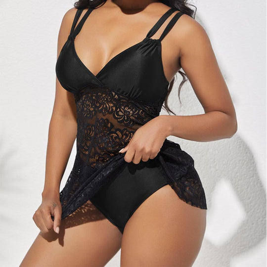 Damen Badeanzug mit eleganter Spitzenoptik und verstellbaren Trägern EB