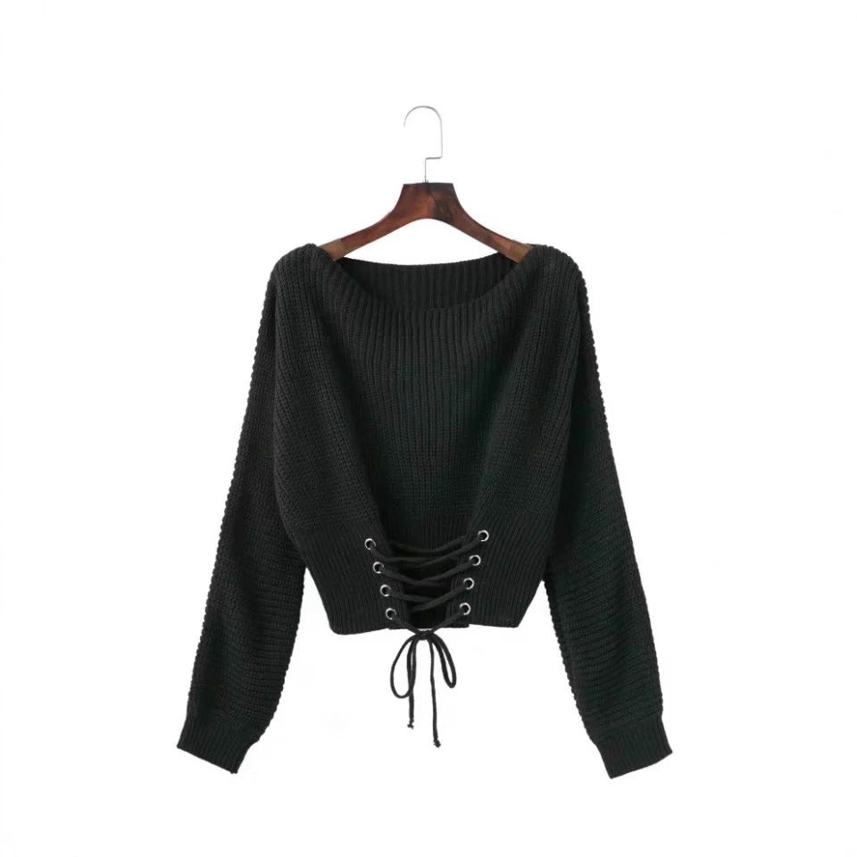 Damen modischer Strickpullover mit tiefem Rückendetail und lässiger Passform EB