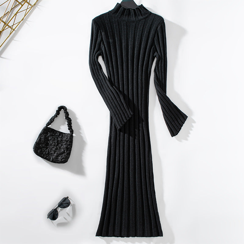 Damen elegantes Strickkleid mit hohem Kragen und Rippenstruktur EB