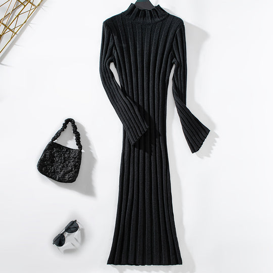Damen elegantes Strickkleid mit hohem Kragen und Rippenstruktur EB