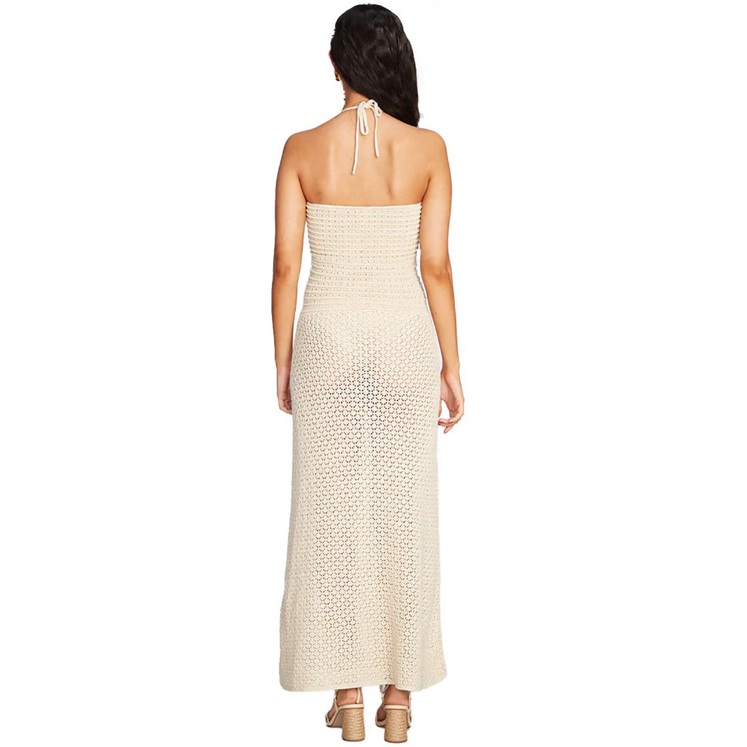 Damen gehäkeltes Maxikleid mit tiefem V-Ausschnitt und seitlichem Cut-Out EB