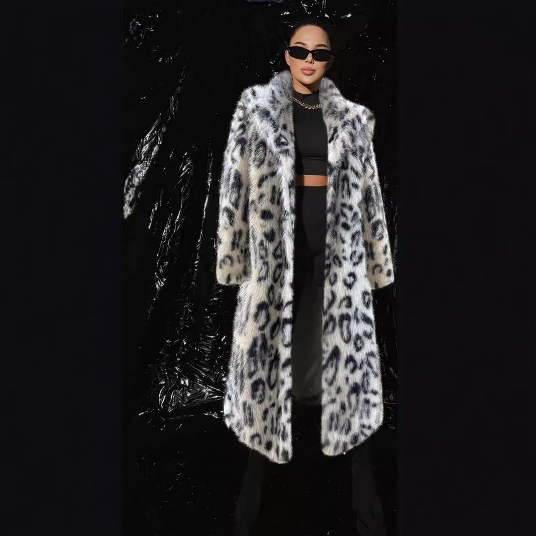 Damen Luxuriöser Kunstpelzmantel mit Leopardenmuster EB