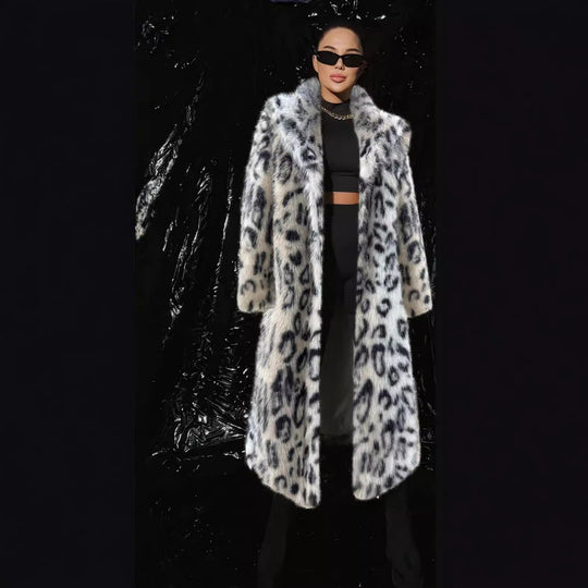 Damen Luxuriöser Kunstpelzmantel mit Leopardenmuster EB