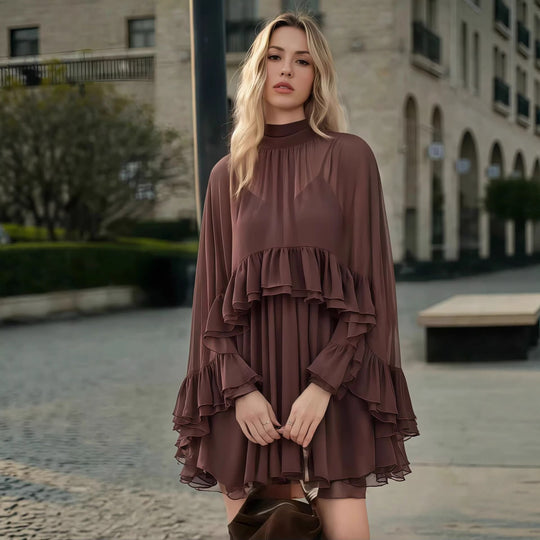 Damen Elegantes Rüschendress mit hochgeschlossenem Ausschnitt und fließendem Schnitt EB