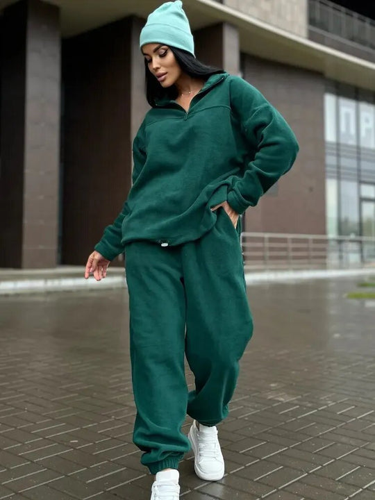 Damen Kuscheliges Fleece-Loungewear-Set mit Halb-Reißverschluss und elastischem Bund EB