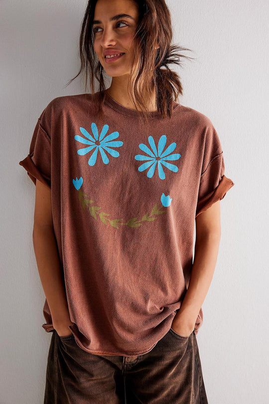 Damen lässiges T-Shirt mit floralem Smiley-Druck und Oversized-Schnitt EB