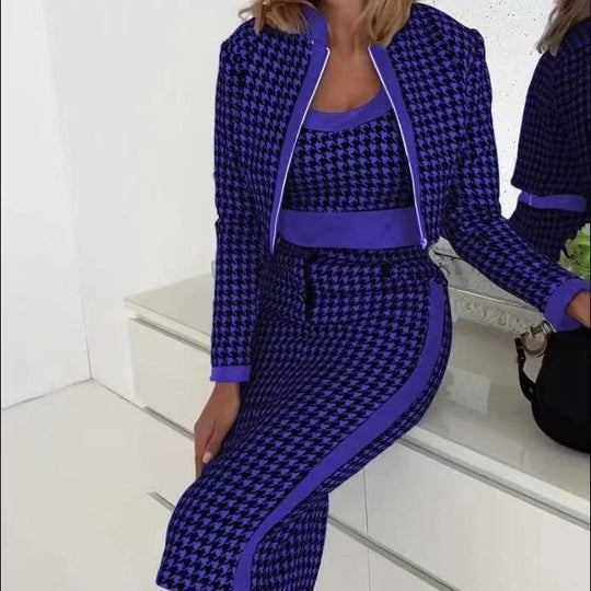 Damen Stilvolles Blazer-Kleid-Set mit grafischem Muster und tailliertem Schnitt EB