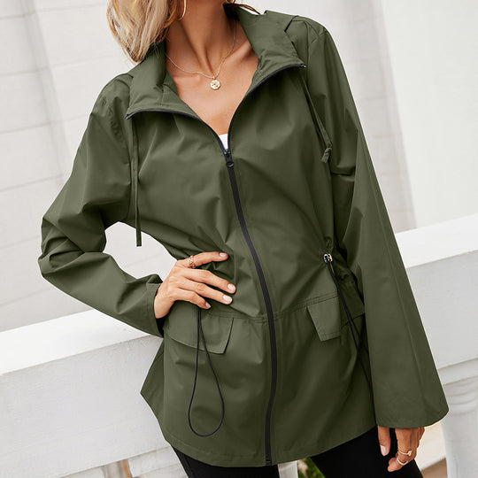 Damen leichte Regenjacke mit Kapuze und verstellbarem Bund EB