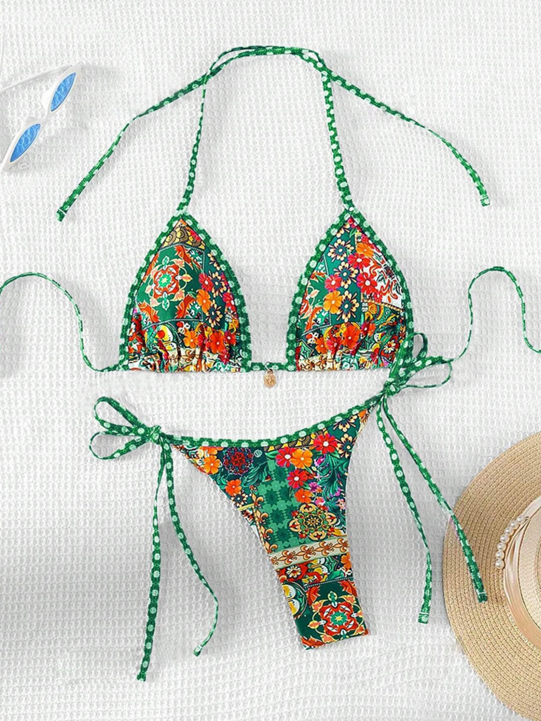 Damen Triangel-Bikini mit floralem Design und verstellbaren Bändern EB