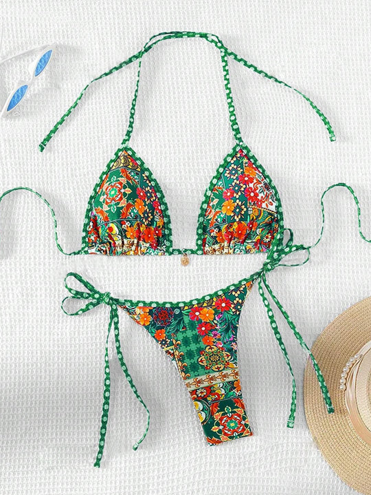 Damen Triangel-Bikini mit floralem Design und verstellbaren Bändern EB