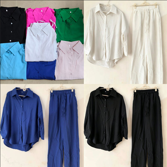 Damen nan lockeres zweiteiliges Lounge-Set mit Oversize-Hemd und elastischer Bundhose EB