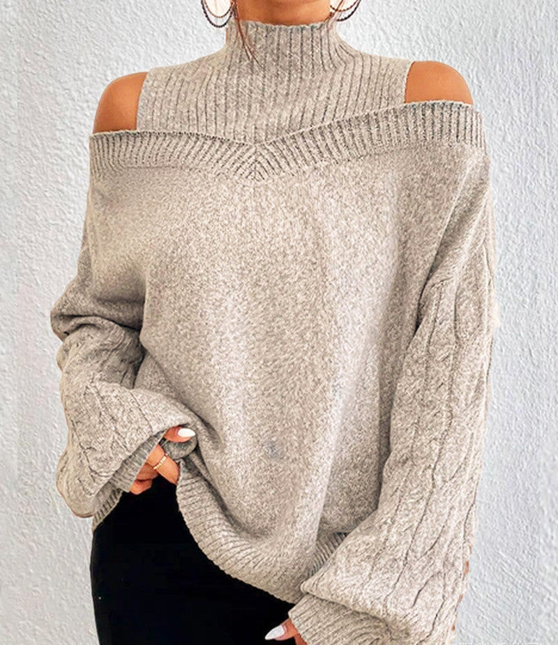 Damen nan schulterfreier Strickpullover mit Stehkragen und Zopfmusterärmeln EB