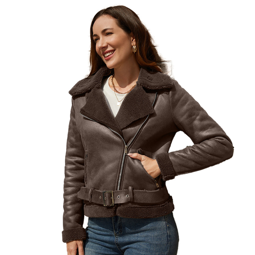 Damen nan taillierte Lammfellimitat-Fliegerjacke mit Gürtel und Teddyfutter EB