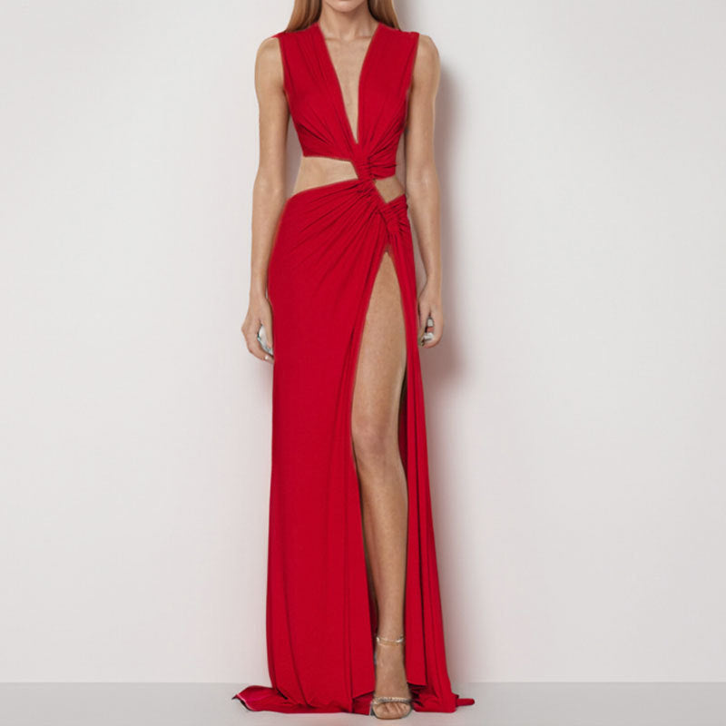 Damen Elegantes Cut-Out Maxikleid mit raffinierten Drapierungen und hohem Schlitz EB