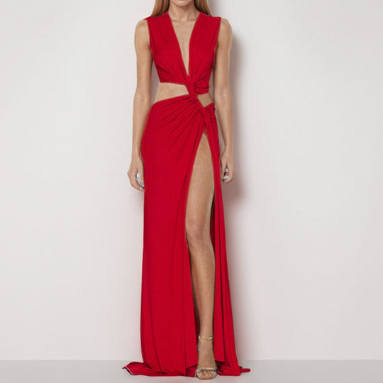 Damen Elegantes Cut-Out Maxikleid mit raffinierten Drapierungen und hohem Schlitz EB