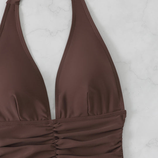 Damen Hoch geschnittener Badeanzug mit elegantem V-Ausschnitt und verspieltem Rüschendetail EB