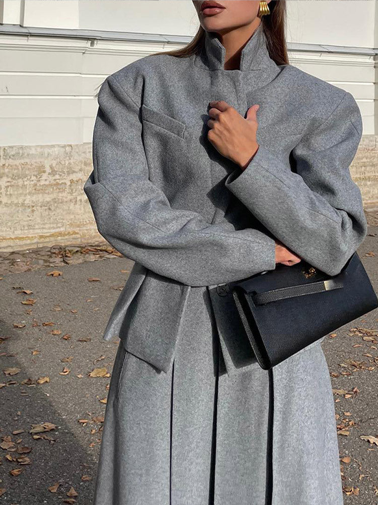 Damen elegante Oversize-Jacke mit hohem Kragen und strukturierten Ärmeln EB