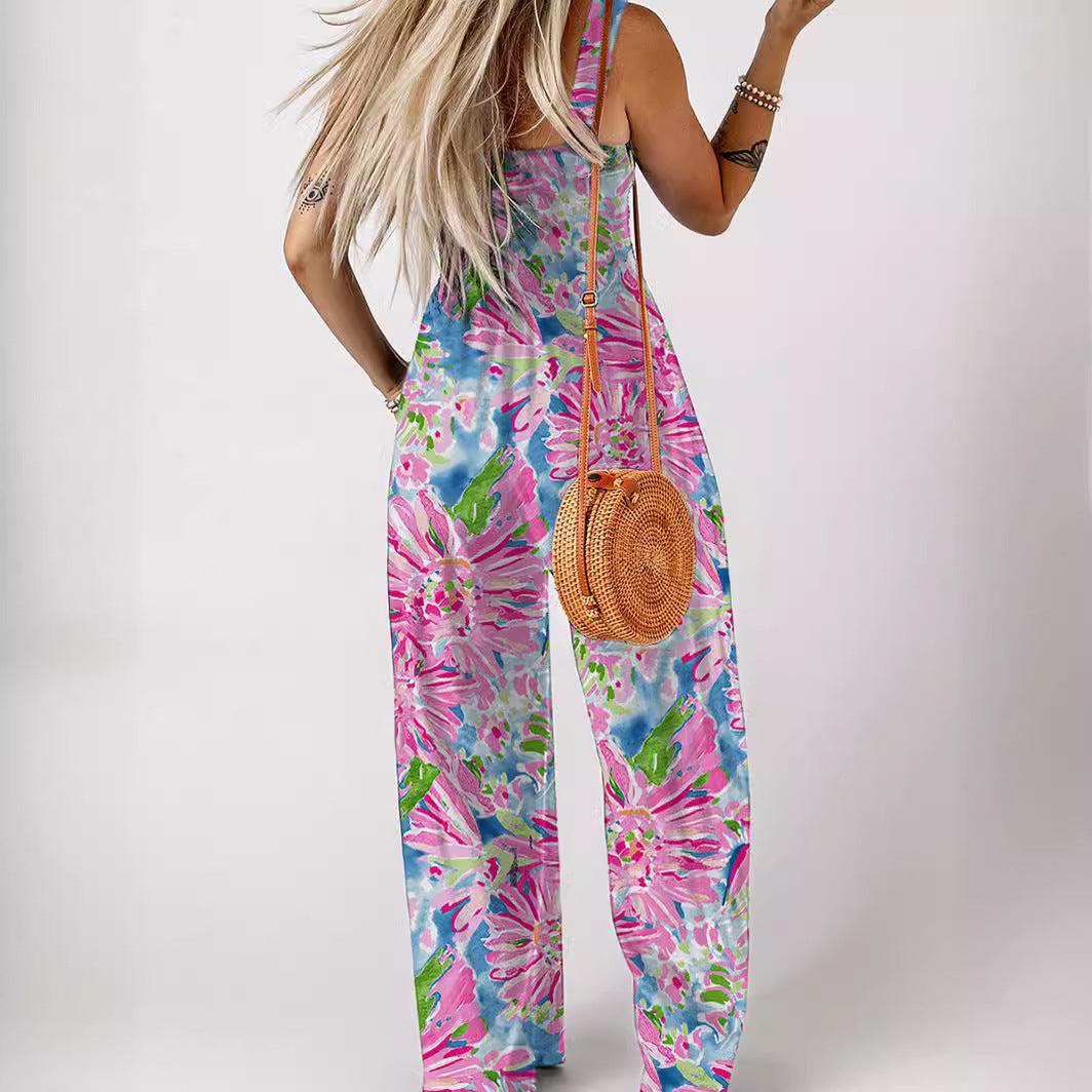 Damen luftiger Blumendruck Jumpsuit im Maxiformat mit praktischen Taschen EB