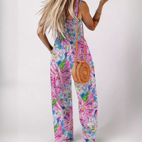 Damen luftiger Blumendruck Jumpsuit im Maxiformat mit praktischen Taschen EB