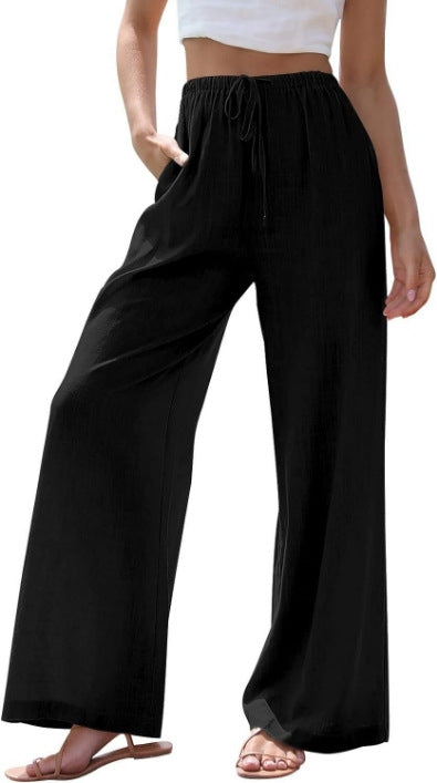 Damen nan weite Leinenhose mit elastischem Bund Kordel und Seitentaschen EB