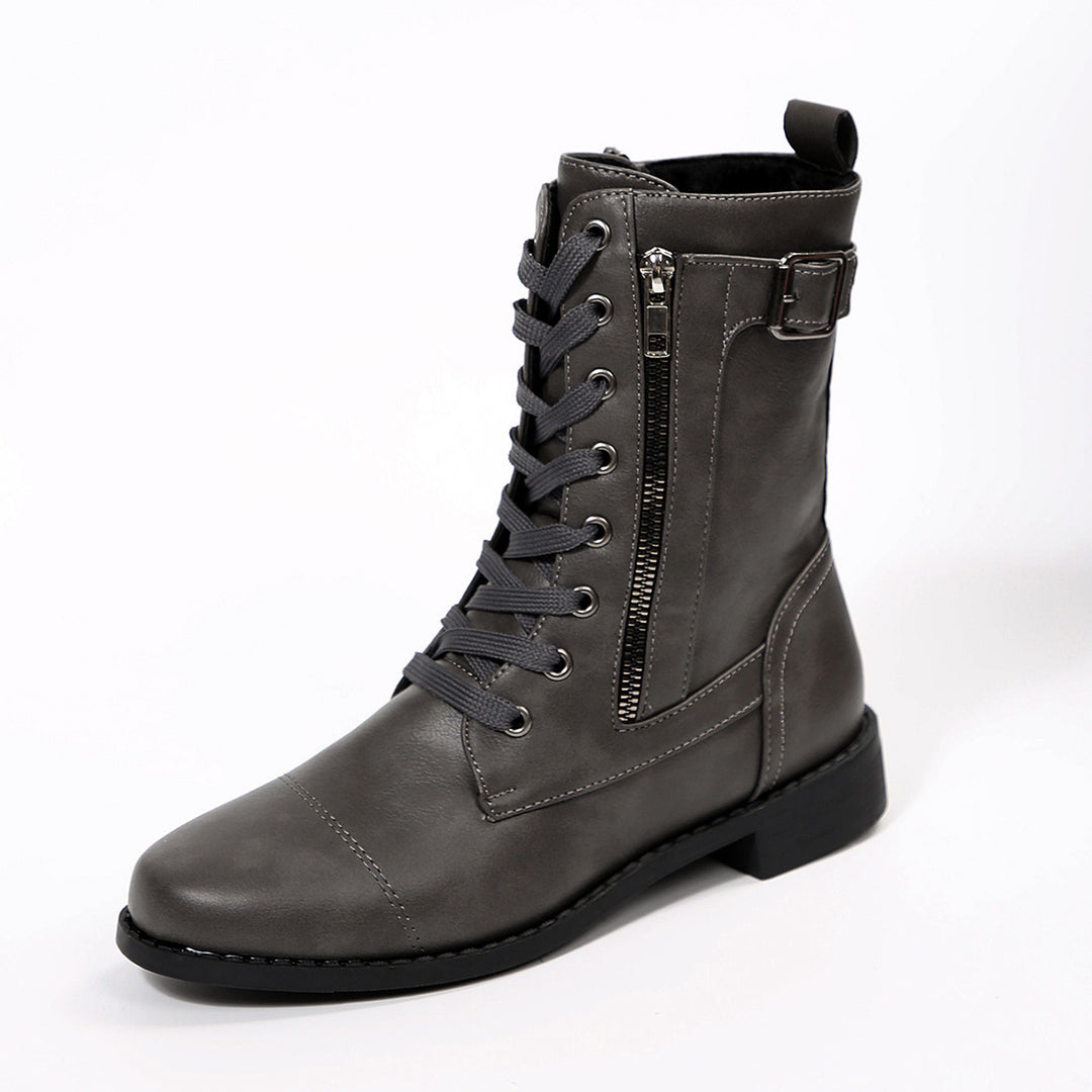 Damen nan robuste Schnür-Bikerstiefelette mit seitlichem Reißverschluss und Ziergurt EB