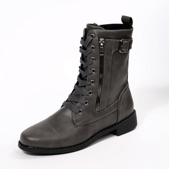 Damen nan robuste Schnür-Bikerstiefelette mit seitlichem Reißverschluss und Ziergurt EB