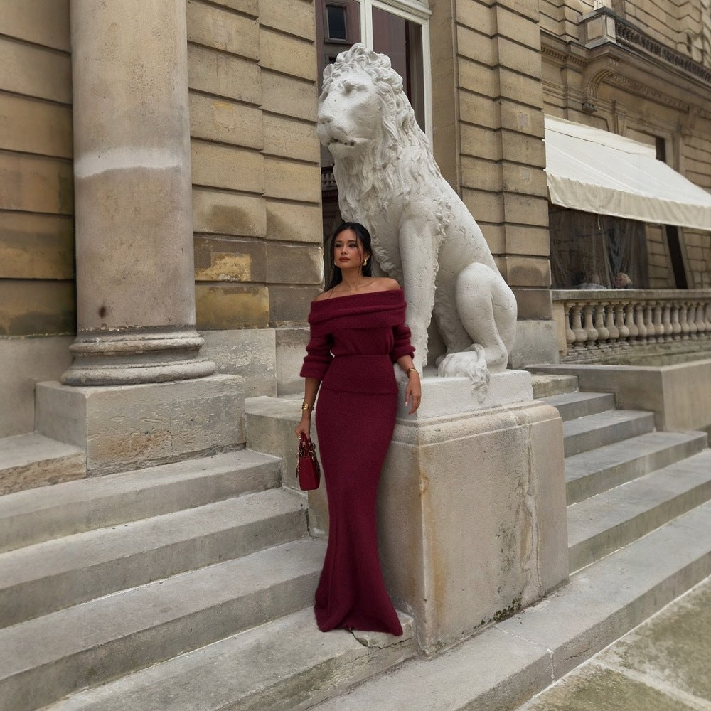 Damen Strick-Maxikleid mit Off-Shoulder-Ausschnitt und voluminösen Ärmeln EB
