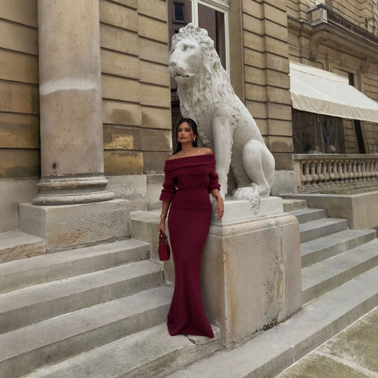 Damen Strick-Maxikleid mit Off-Shoulder-Ausschnitt und voluminösen Ärmeln EB