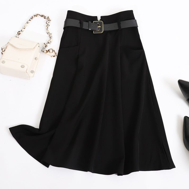 Damen  fließender Midirock mit weitem Tellerfall hoher Taille und Ziergürtel EB