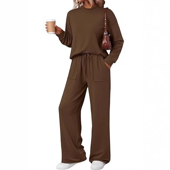 Damen Loungewear-Zweiteiler aus weichem Jersey mit Rundhalsausschnitt und weitem Kordelzug-Hose EB