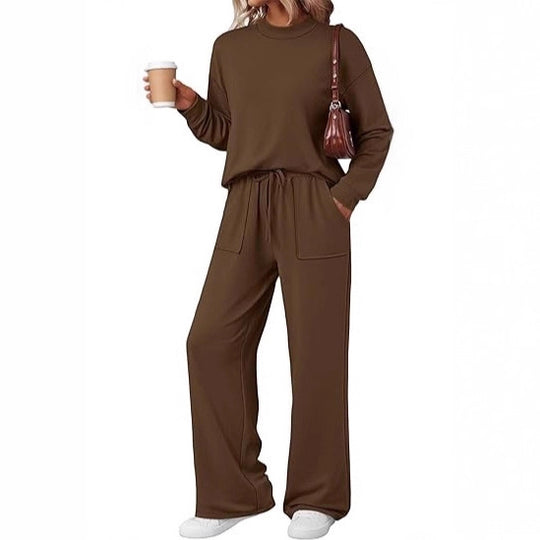 Damen Loungewear-Zweiteiler aus weichem Jersey mit Rundhalsausschnitt und weitem Kordelzug-Hose EB