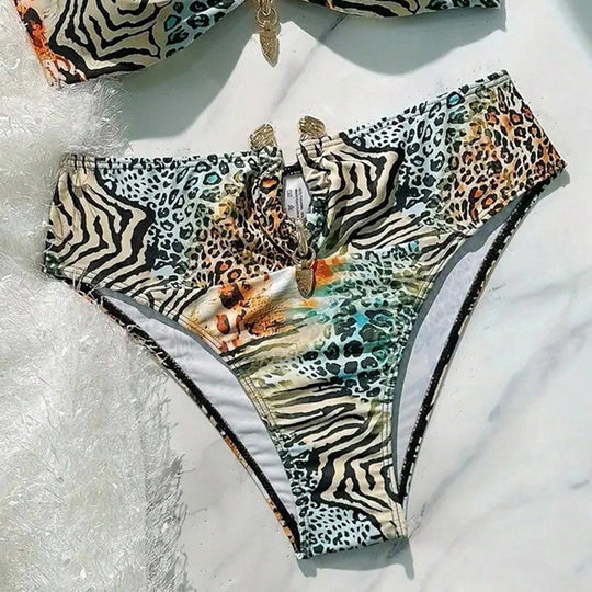 Damen Bandeau-Bikini mit animalischem Muster und dekorativem Verschluss EB
