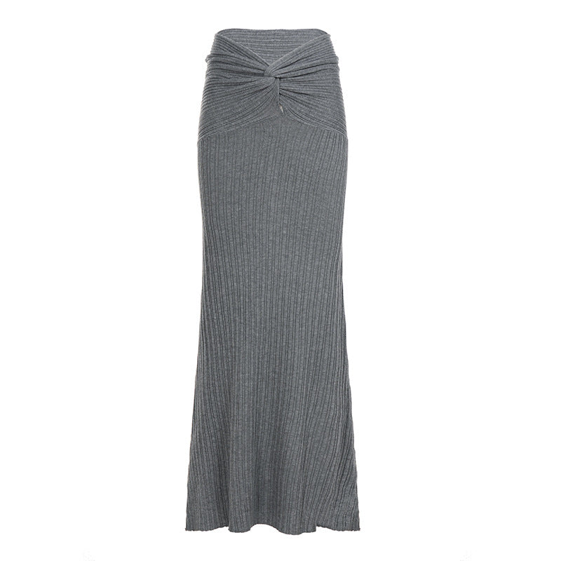 Damen nan hochtaillierter gerippter Maxi-Strickrock mit Twist-Taillenbund und figurumspielender A-Linie EB