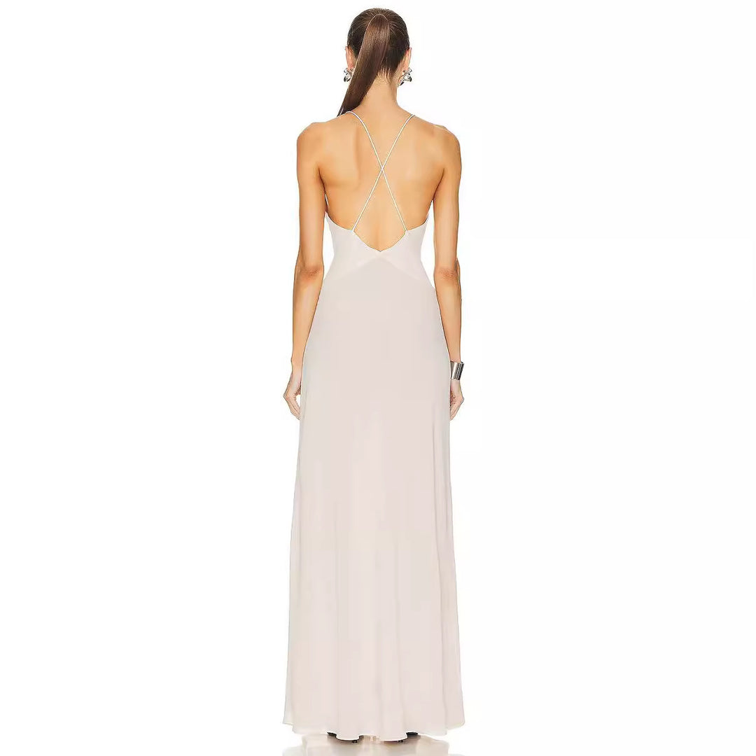 Damen Elegantes Maxikleid mit tiefer V-Ausschnitt und dekorativer Blüte EB